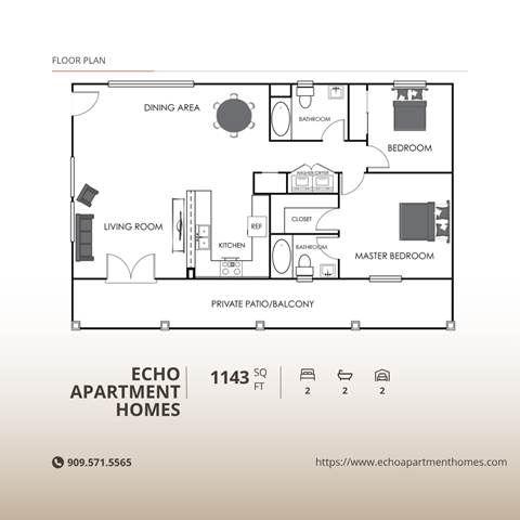 Floor plan for 2 beds, 2 baths, 1143 sqft